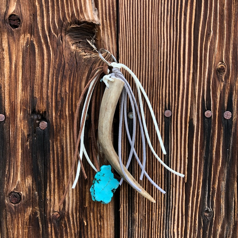 Turquoise, deer antler and fringe key chain
